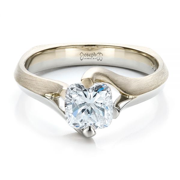  Platinum And 14K Gold Custom Diamond And Brushed Metal Engagement Ring - Flat View -  100050