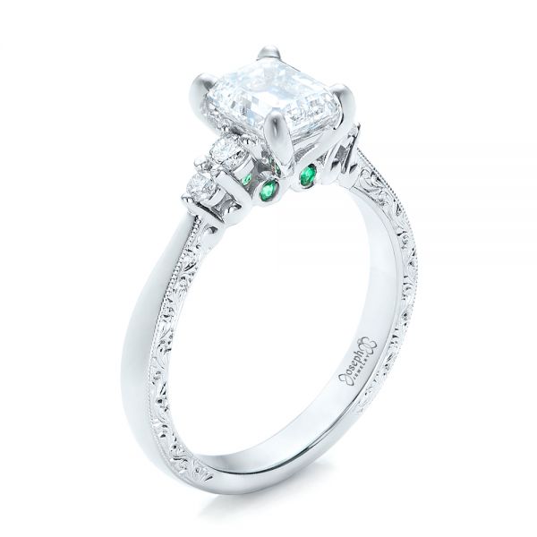 14k White Gold Custom Diamond And Emerald Engagement Ring - Three-Quarter View -  101438