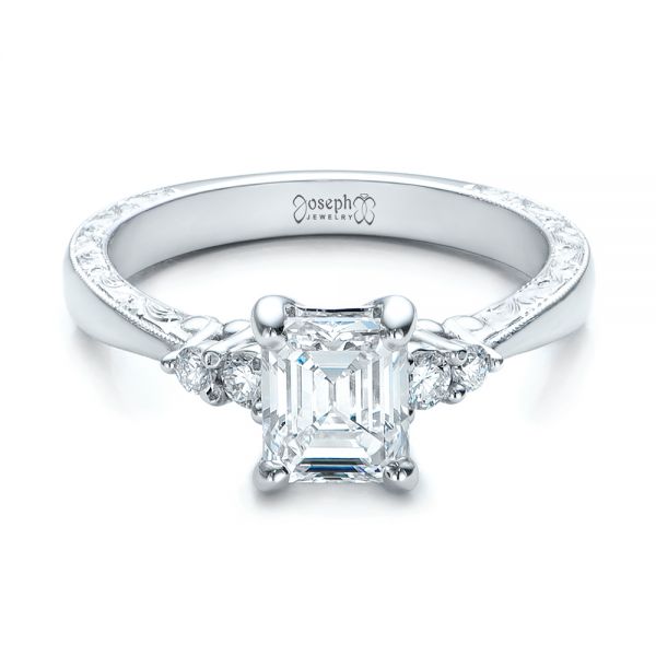 14k White Gold Custom Diamond And Emerald Engagement Ring - Flat View -  101438