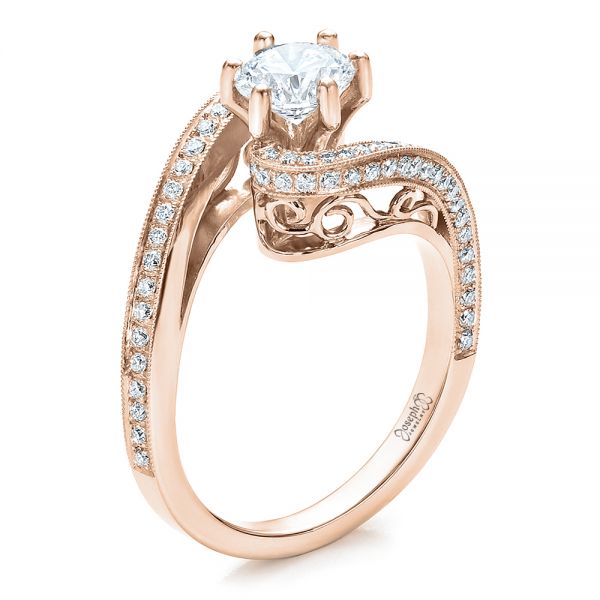 18k Rose Gold 18k Rose Gold Custom Diamond And Filigree Engagement Ring - Three-Quarter View -  100129