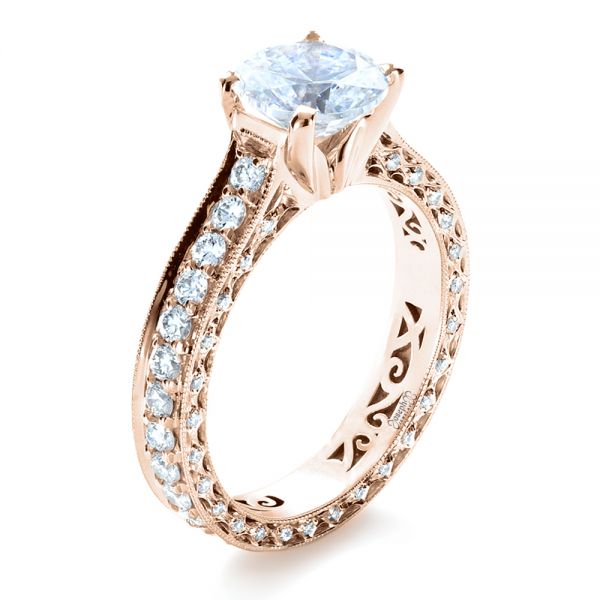 18k Rose Gold 18k Rose Gold Custom Diamond And Filigree Engagement Ring - Three-Quarter View -  1290