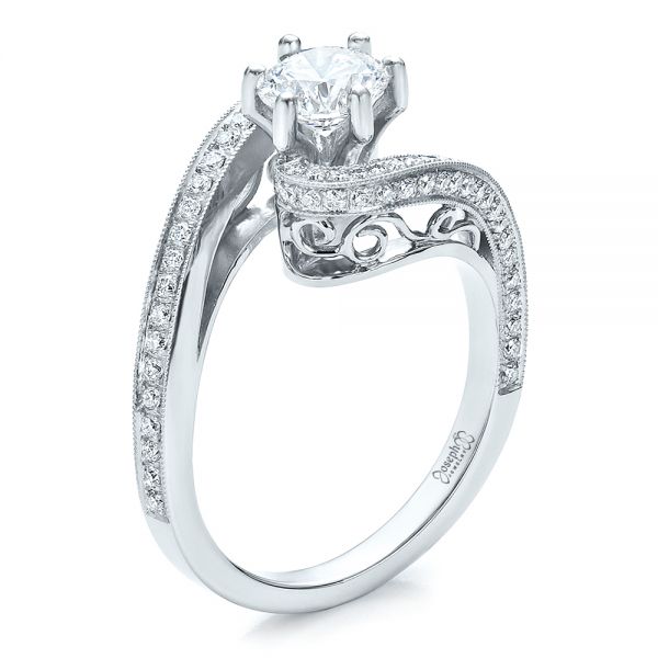 Platinum Custom Diamond And Filigree Engagement Ring - Three-Quarter View - 100129