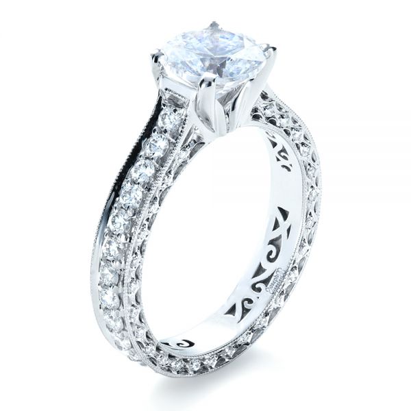 18k White Gold Custom Diamond And Filigree Engagement Ring - Three-Quarter View -  1290