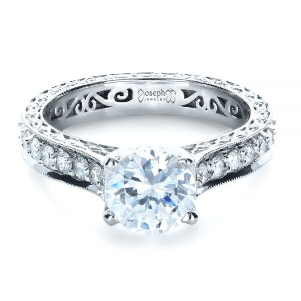 18k White Gold Custom Diamond And Filigree Engagement Ring - Flat View -  1290