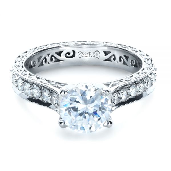 18k White Gold Custom Diamond And Filigree Engagement Ring - Flat View - 1290