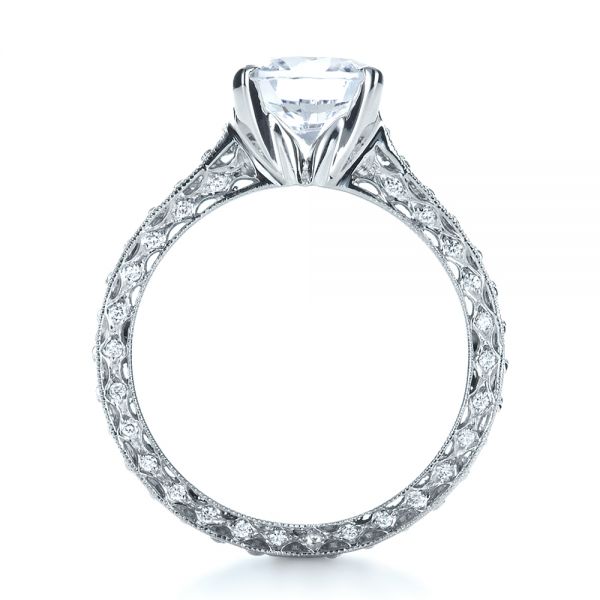 18k White Gold Custom Diamond And Filigree Engagement Ring - Front View -  1290