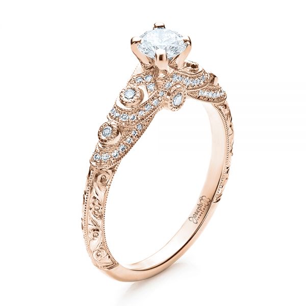 14k Rose Gold 14k Rose Gold Custom Diamond And Hand Engraved Engagement Ring - Three-Quarter View -  100054