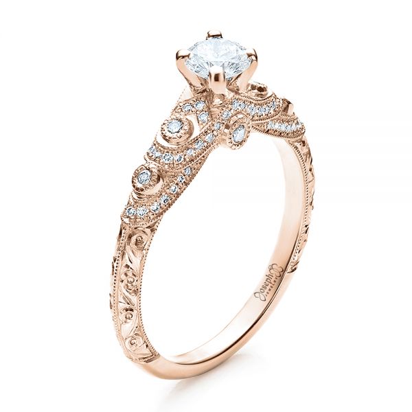 14k Rose Gold 14k Rose Gold Custom Diamond And Hand Engraved Engagement Ring - Three-Quarter View - 100054