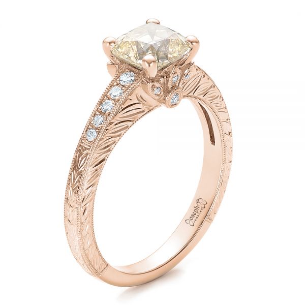 18k Rose Gold 18k Rose Gold Custom Diamond And Hand Engraved Engagement Ring - Three-Quarter View -  100836