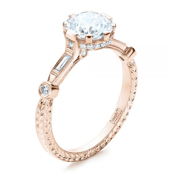18k Rose Gold 18k Rose Gold Custom Diamond And Hand Engraved Engagement Ring - Three-Quarter View - 100852