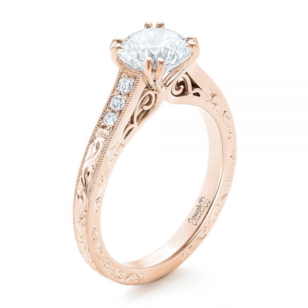 18k Rose Gold And Platinum 18k Rose Gold And Platinum Custom Diamond And Hand Engraved Engagement Ring - Three-Quarter View -  102445