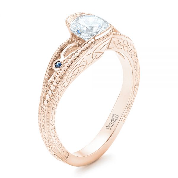 18k Rose Gold 18k Rose Gold Custom Diamond And Hand Engraved Engagement Ring - Three-Quarter View -  102458