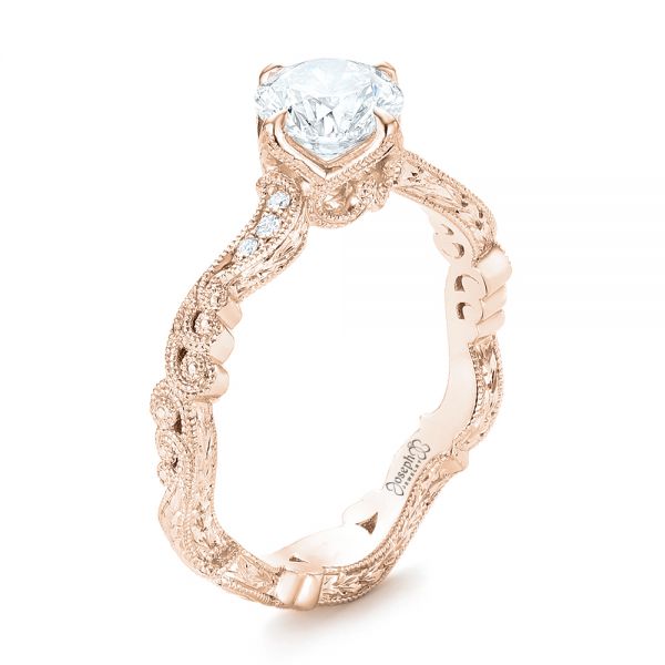 18k Rose Gold 18k Rose Gold Custom Diamond And Hand Engraved Engagement Ring - Three-Quarter View -  102736