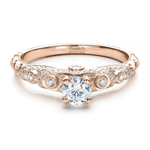 14k Rose Gold 14k Rose Gold Custom Diamond And Hand Engraved Engagement Ring - Flat View -  100054