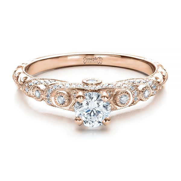 14k Rose Gold 14k Rose Gold Custom Diamond And Hand Engraved Engagement Ring - Flat View - 100054