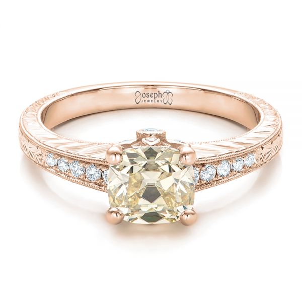 14k Rose Gold 14k Rose Gold Custom Diamond And Hand Engraved Engagement Ring - Flat View - 100836