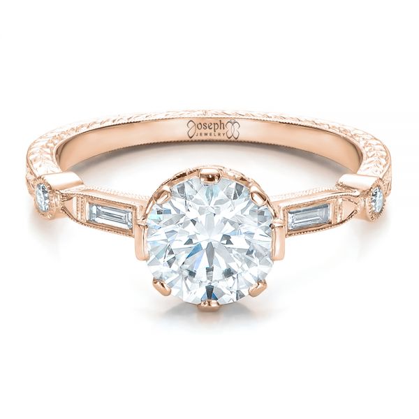 18k Rose Gold 18k Rose Gold Custom Diamond And Hand Engraved Engagement Ring - Flat View - 100852