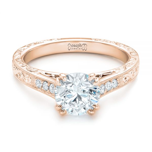 18k Rose Gold And 14K Gold 18k Rose Gold And 14K Gold Custom Diamond And Hand Engraved Engagement Ring - Flat View - 102445