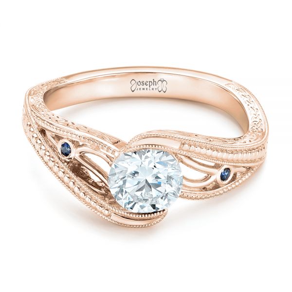 14k Rose Gold 14k Rose Gold Custom Diamond And Hand Engraved Engagement Ring - Flat View -  102458