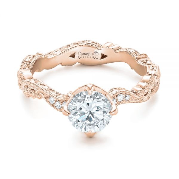 18k Rose Gold 18k Rose Gold Custom Diamond And Hand Engraved Engagement Ring - Flat View -  102736