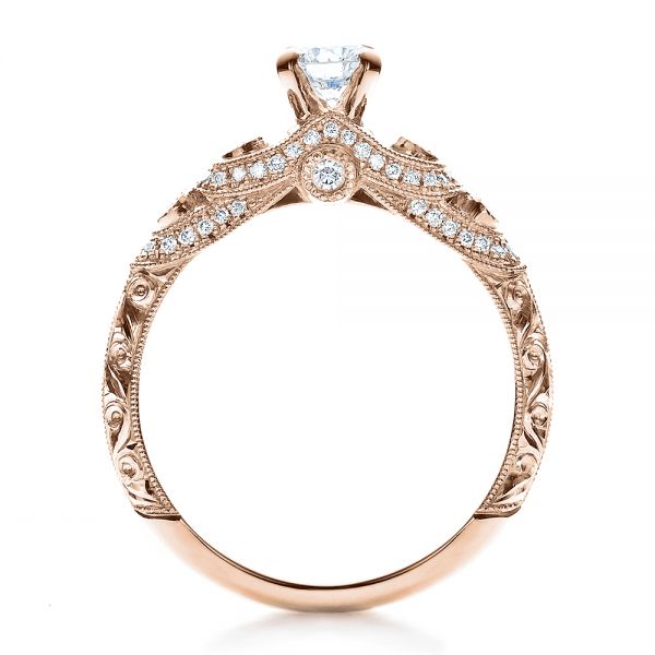 14k Rose Gold 14k Rose Gold Custom Diamond And Hand Engraved Engagement Ring - Front View - 100054