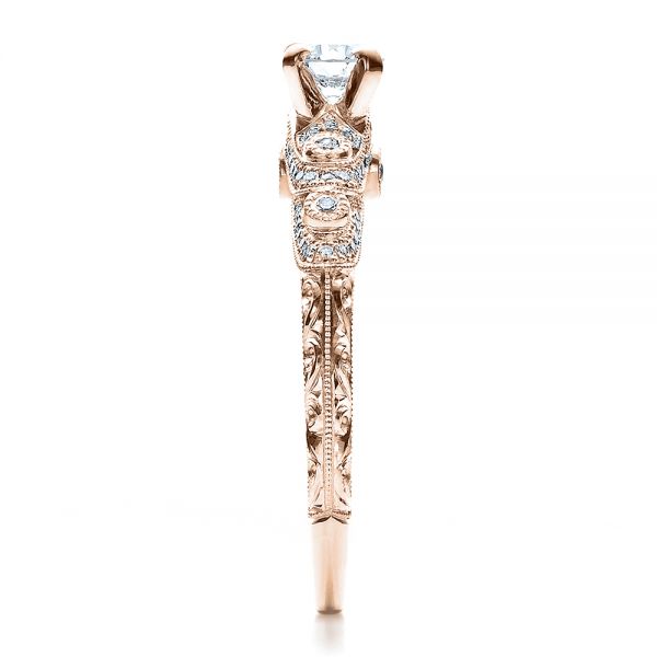 14k Rose Gold 14k Rose Gold Custom Diamond And Hand Engraved Engagement Ring - Side View - 100054