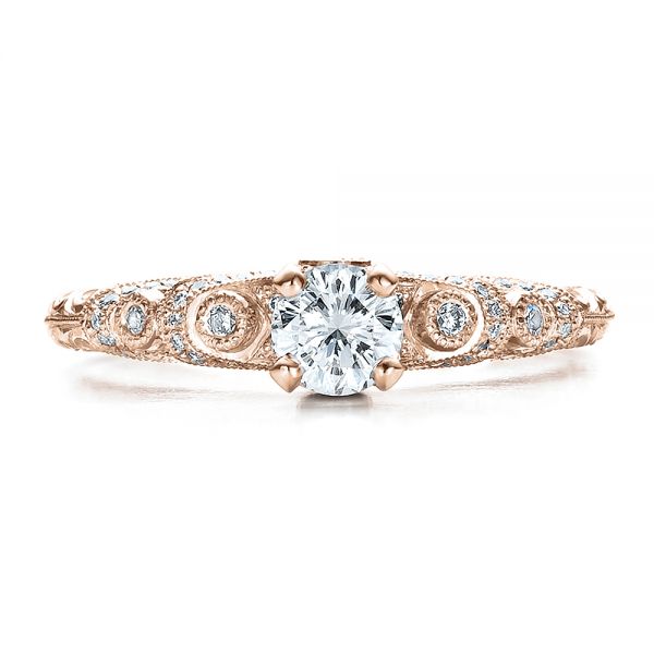 18k Rose Gold 18k Rose Gold Custom Diamond And Hand Engraved Engagement Ring - Top View -  100054