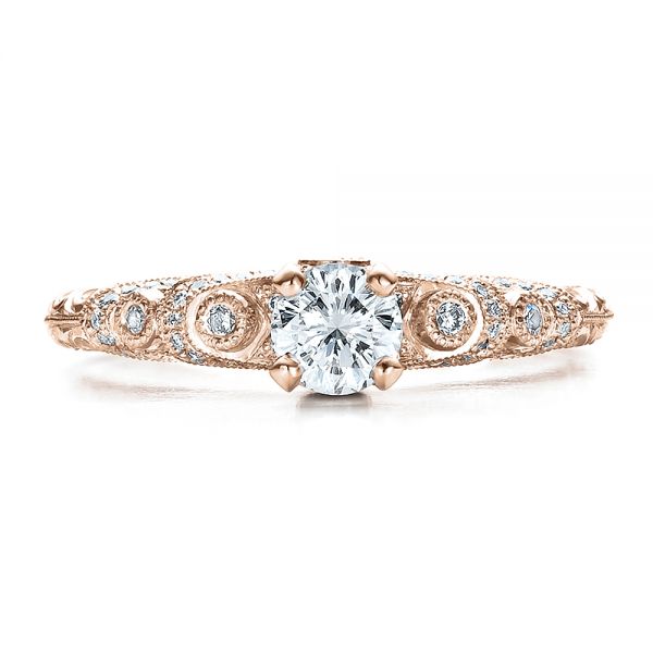 14k Rose Gold 14k Rose Gold Custom Diamond And Hand Engraved Engagement Ring - Top View - 100054