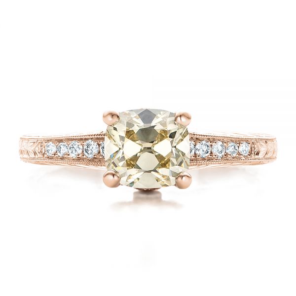 14k Rose Gold 14k Rose Gold Custom Diamond And Hand Engraved Engagement Ring - Top View - 100836