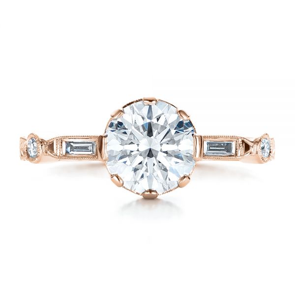 18k Rose Gold 18k Rose Gold Custom Diamond And Hand Engraved Engagement Ring - Top View - 100852