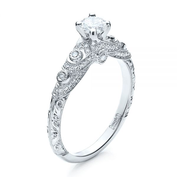 18k White Gold 18k White Gold Custom Diamond And Hand Engraved Engagement Ring - Three-Quarter View -  100054