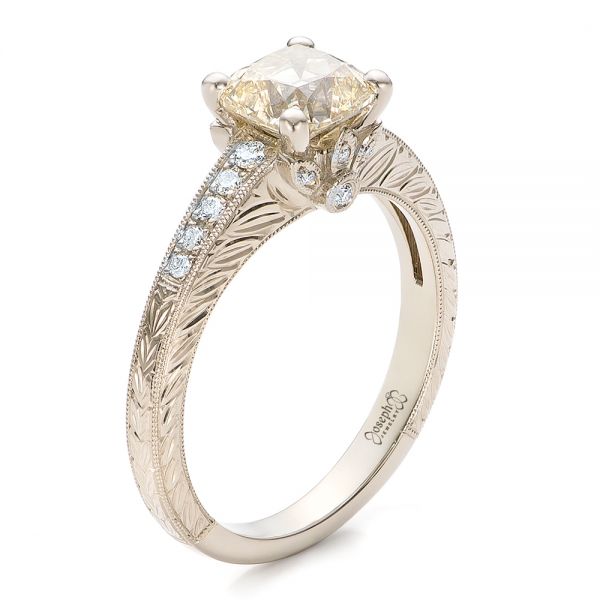 14k White Gold Custom Diamond And Hand Engraved Engagement Ring - Three-Quarter View -  100836