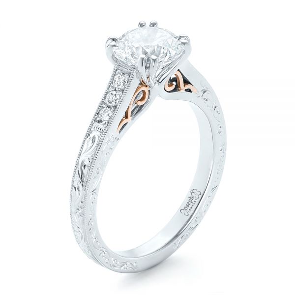  Platinum And 14K Gold Platinum And 14K Gold Custom Diamond And Hand Engraved Engagement Ring - Three-Quarter View -  102445