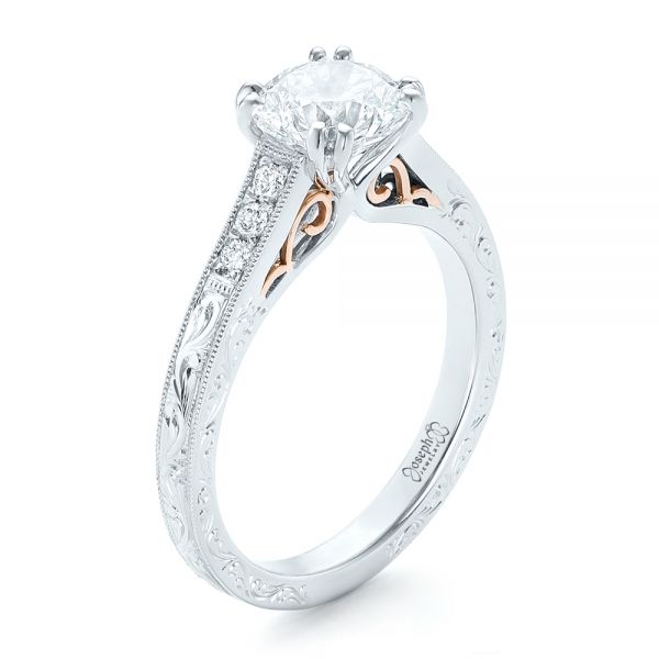  Platinum And 18K Gold Platinum And 18K Gold Custom Diamond And Hand Engraved Engagement Ring - Three-Quarter View -  102445