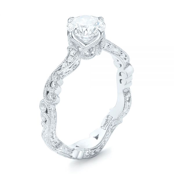 14k White Gold 14k White Gold Custom Diamond And Hand Engraved Engagement Ring - Three-Quarter View -  102736