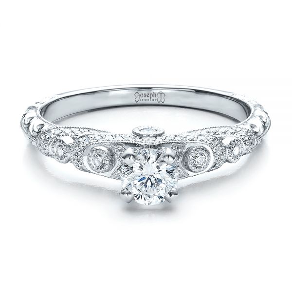 14k White Gold 14k White Gold Custom Diamond And Hand Engraved Engagement Ring - Flat View -  100054