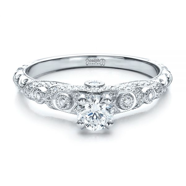 Platinum Platinum Custom Diamond And Hand Engraved Engagement Ring - Flat View - 100054