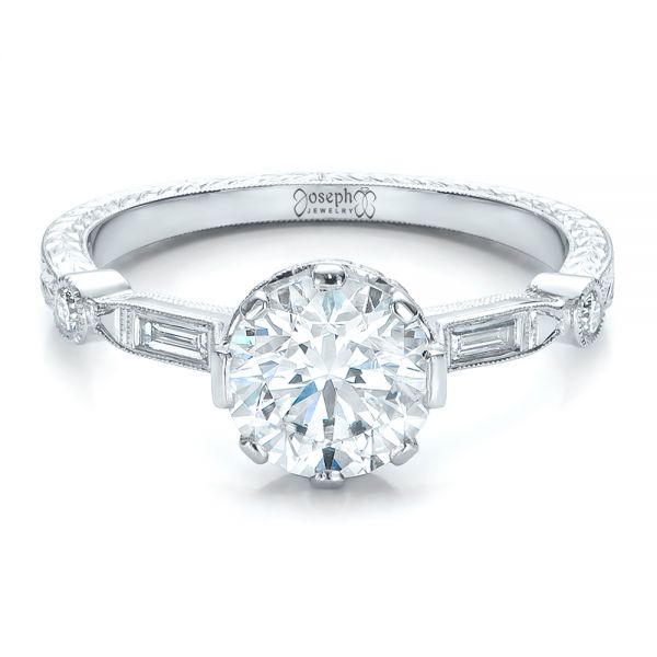  Platinum Custom Diamond And Hand Engraved Engagement Ring - Flat View -  100852