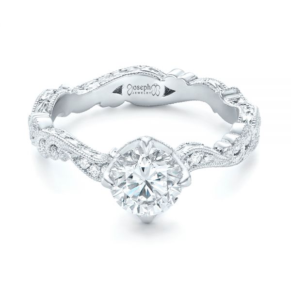 14k White Gold 14k White Gold Custom Diamond And Hand Engraved Engagement Ring - Flat View -  102736