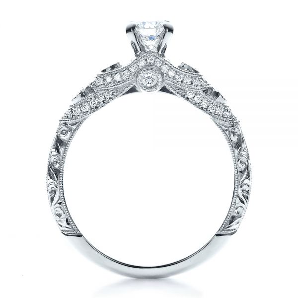 18k White Gold 18k White Gold Custom Diamond And Hand Engraved Engagement Ring - Front View -  100054