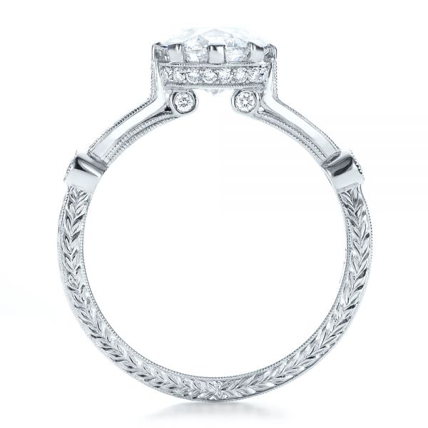 18k White Gold 18k White Gold Custom Diamond And Hand Engraved Engagement Ring - Front View -  100852