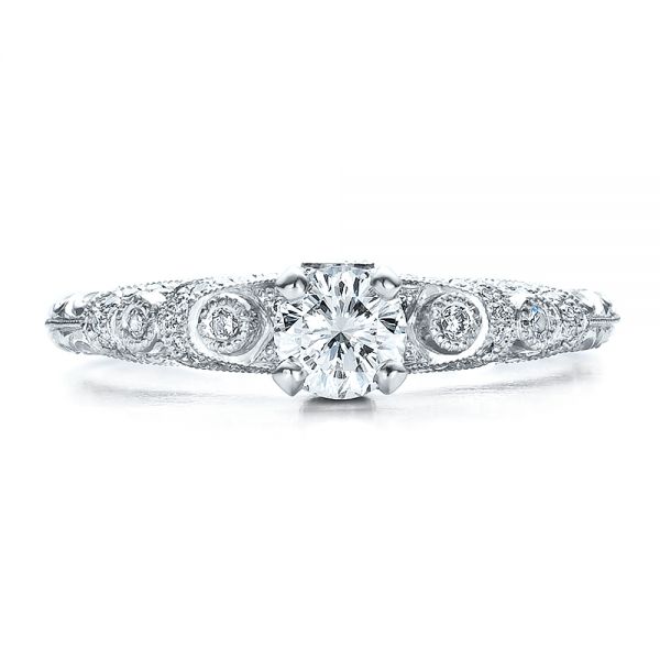 18k White Gold 18k White Gold Custom Diamond And Hand Engraved Engagement Ring - Top View -  100054