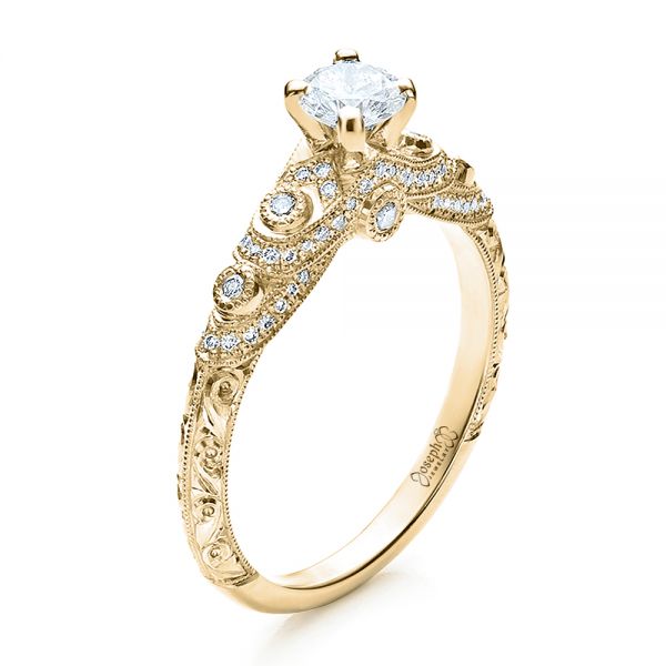 14k Yellow Gold 14k Yellow Gold Custom Diamond And Hand Engraved Engagement Ring - Three-Quarter View - 100054