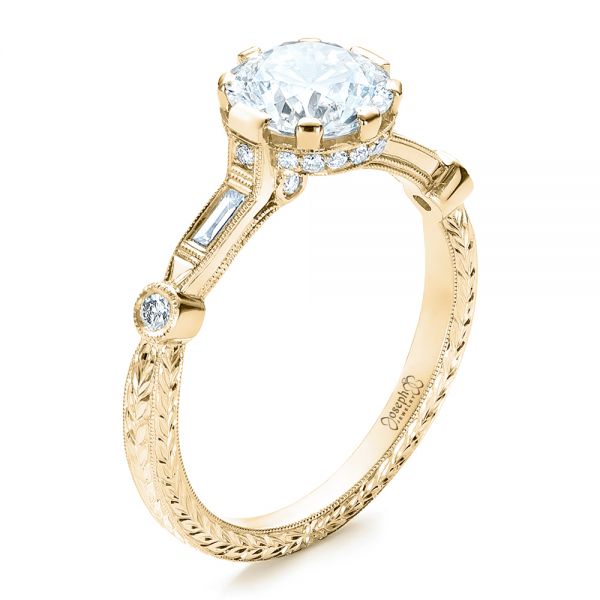 18k Yellow Gold 18k Yellow Gold Custom Diamond And Hand Engraved Engagement Ring - Three-Quarter View - 100852