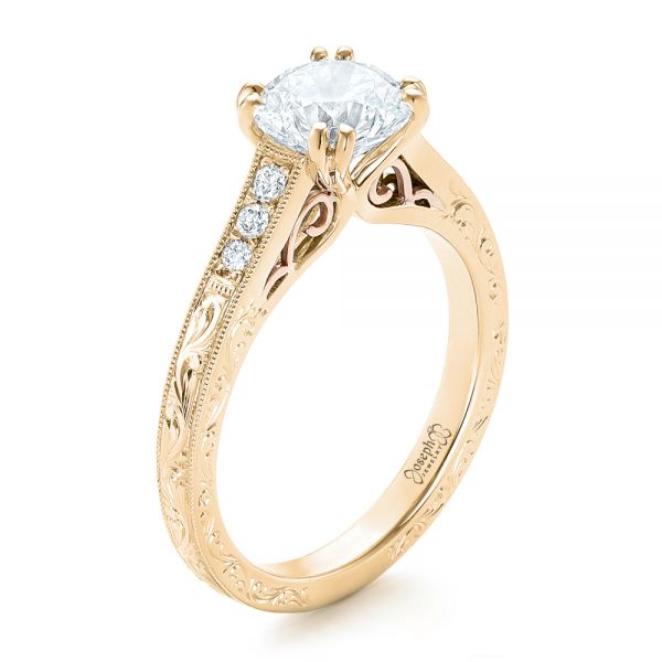 14k Yellow Gold And 14K Gold 14k Yellow Gold And 14K Gold Custom Diamond And Hand Engraved Engagement Ring - Three-Quarter View -  102445