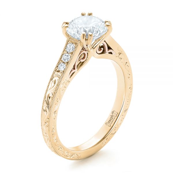 14k Yellow Gold And 14K Gold 14k Yellow Gold And 14K Gold Custom Diamond And Hand Engraved Engagement Ring - Three-Quarter View - 102445