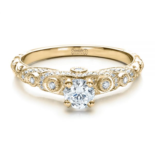 18k Yellow Gold 18k Yellow Gold Custom Diamond And Hand Engraved Engagement Ring - Flat View -  100054