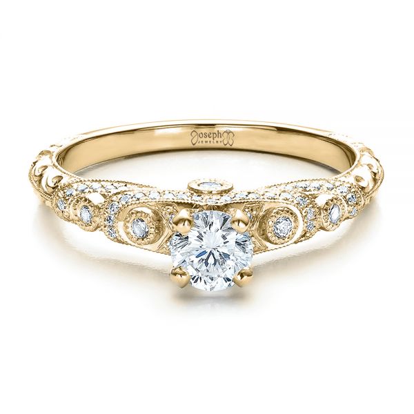 14k Yellow Gold 14k Yellow Gold Custom Diamond And Hand Engraved Engagement Ring - Flat View - 100054
