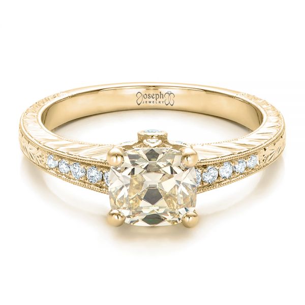 18k Yellow Gold 18k Yellow Gold Custom Diamond And Hand Engraved Engagement Ring - Flat View -  100836
