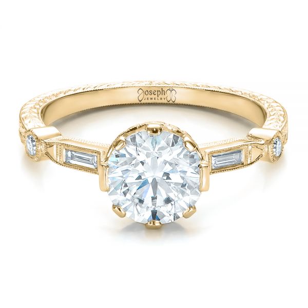 18k Yellow Gold 18k Yellow Gold Custom Diamond And Hand Engraved Engagement Ring - Flat View - 100852